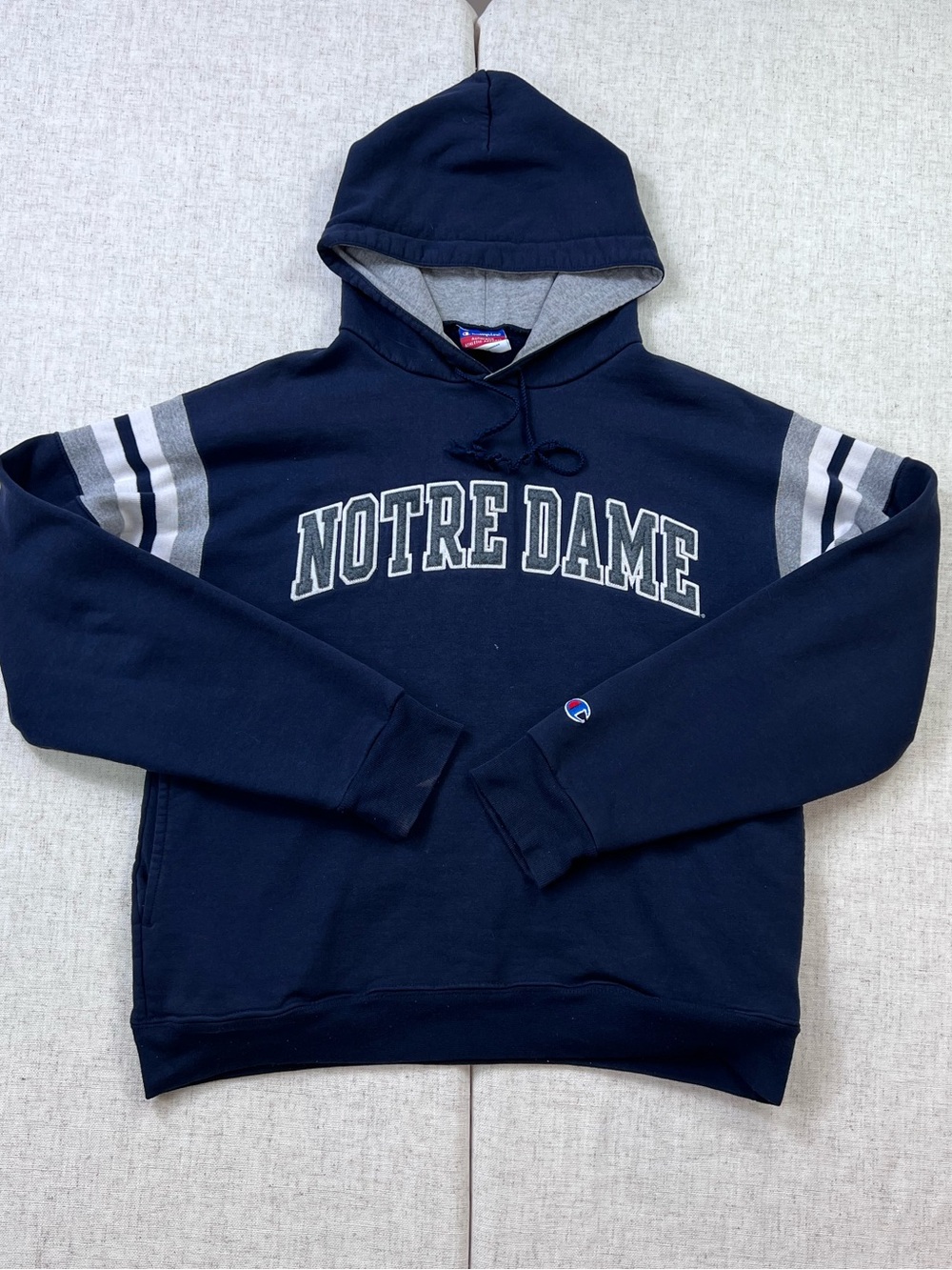 Vintage Y2K Champion Notre Dame Hoodie Navy Arch Letter Varsity Stripe M